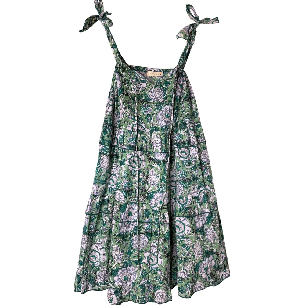 Stark X Green Floral‎ Block Print Tiered Mini Dress Tie Shoulder Boho Summer